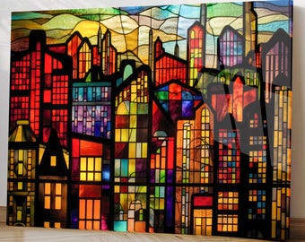 Arte de pared de vidrio templado, vitral colorido, paisaje urbano, decoración moderna del horizonte.
