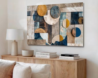 Arte de pared de vidrio templado con formas geométricas, abstractas y neutras y modernas para sala de estar.