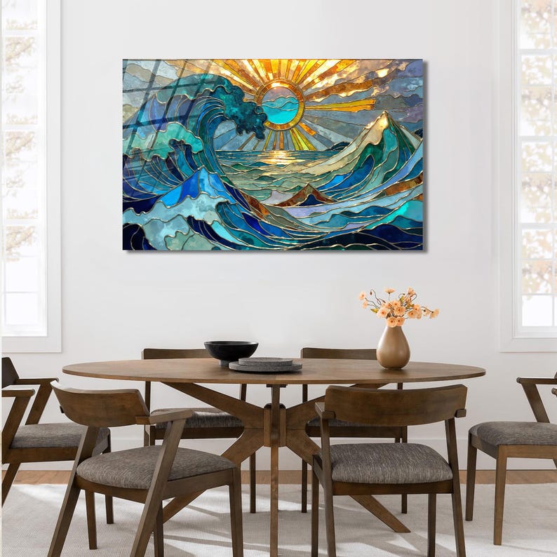 Tempered Glass Wall Art Ocean Wave – Stained Glass Look Coastal Decor ...