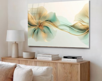 Teal and Gold Floral Tempered Glass Wall Art - Modern Abstract