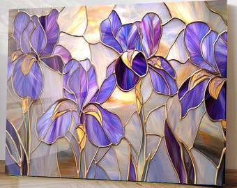 Purple Iris Floral Wall Decor, Stained Glass Style Botanical Art