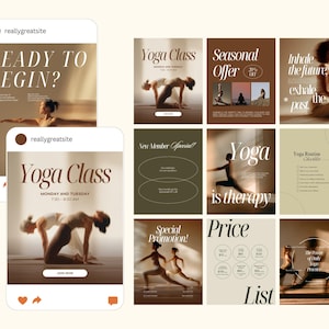 Pode incluir: Uma coleção de posts de mídia social promovendo aulas de ioga e ofertas. Os posts apresentam imagens de pessoas em poses de ioga, com sobreposições de texto como "Yoga Class", "Ready to Begin?" e "Yoga is therapy."