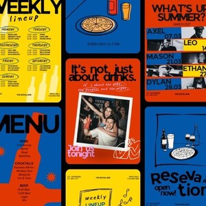 Peut inclure: Plusieurs affiches color&eacute;es avec du texte et des illustrations. Les affiches annoncent des &eacute;v&eacute;nements, des menus et des promotions. La palette de couleurs comprend le rouge, le jaune, le bleu et le noir. Une affiche pr&eacute;sente une pizza et des boissons.