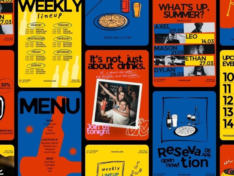 Peut inclure: Plusieurs affiches color&eacute;es avec du texte et des illustrations. Les affiches annoncent des &eacute;v&eacute;nements, des menus et des promotions. La palette de couleurs comprend le rouge, le jaune, le bleu et le noir. Une affiche pr&eacute;sente une pizza et des boissons.