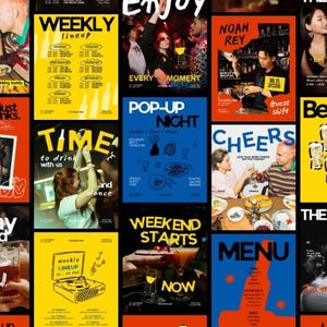Peut inclure: Un collage d'affiches color&eacute;es de bars et d'&eacute;v&eacute;nements. Les affiches pr&eacute;sentent des textes tels que &laquo; Weekly Lineup &raquo;, &laquo; Pop-Up Night &raquo; et &laquo; Cheers &raquo;. Les images incluent des personnes buvant, un tourne-disque et diverses illustrations de cocktails. La palette de couleurs est vive, avec une utilisation audacieuse du jaune, du bleu et du rouge.