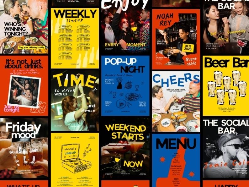 Peut inclure: Un collage d'affiches color&eacute;es de bars et d'&eacute;v&eacute;nements. Les affiches pr&eacute;sentent des textes tels que &laquo; Weekly Lineup &raquo;, &laquo; Pop-Up Night &raquo; et &laquo; Cheers &raquo;. Les images incluent des personnes buvant, un tourne-disque et diverses illustrations de cocktails. La palette de couleurs est vive, avec une utilisation audacieuse du jaune, du bleu et du rouge.
