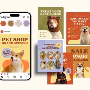 May include: Instagram post advertising a pet shop's grand opening. The post features images of dogs, including one in a lion's mane. Text includes "Treat Your Best Friend" and "Clothing and Accessories". The date of the opening is shown.