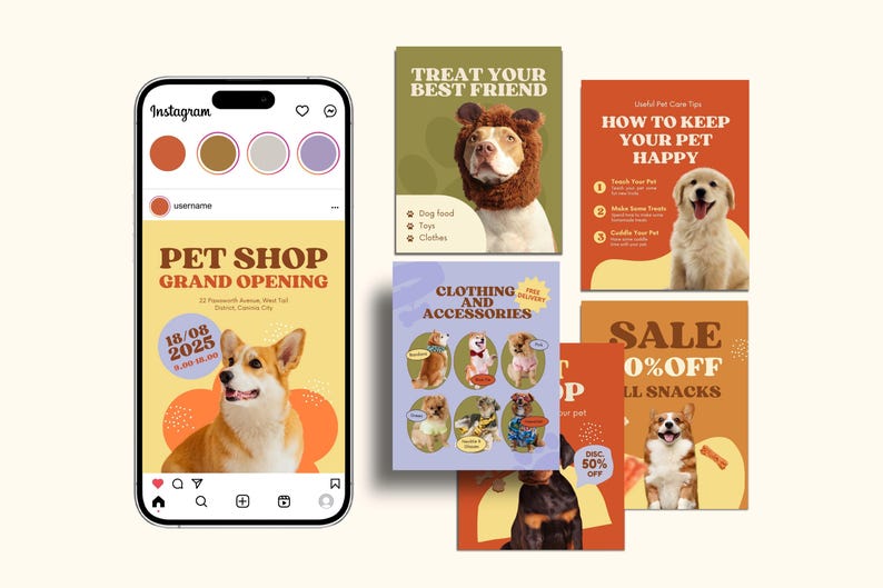 May include: Instagram post advertising a pet shop's grand opening. The post features images of dogs, including one in a lion's mane. Text includes "Treat Your Best Friend" and "Clothing and Accessories". The date of the opening is shown.