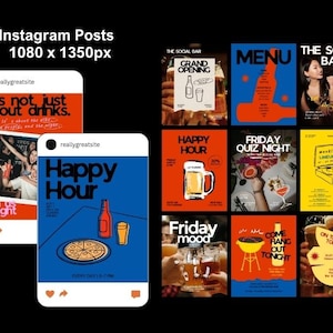 Peut inclure: Plusieurs publications Instagram pour un bar, sur fond noir. Les publications pr&eacute;sentent des images de boissons, de nourriture et d'&eacute;v&eacute;nements. Le texte comprend "Happy Hour", "Friday Quiz Night" et "Join us tonight."