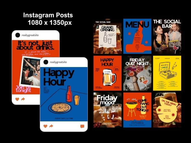 Peut inclure: Plusieurs publications Instagram pour un bar, sur fond noir. Les publications pr&eacute;sentent des images de boissons, de nourriture et d'&eacute;v&eacute;nements. Le texte comprend "Happy Hour", "Friday Quiz Night" et "Join us tonight."