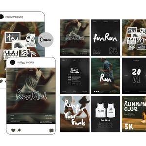 May include: A collection of promotional materials for a running club, including social media posts and posters. The designs feature runners, the text "Run Club", "funRun 5K", and "Run Your Goals". The color scheme is primarily black and white.