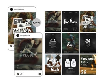Modèles Running Club Canva : affiche de l'événement de course, dépliant de la marche sur le sentier, modèles de réseaux sociaux