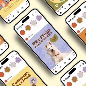 May include: Multiple smartphones showing Instagram ads for pet products. Ads include a white dog, text saying "Pet Food & Accessories", and offers like "40% Off All Snacks". Other ads feature dogs and cats, promoting pet-related services.