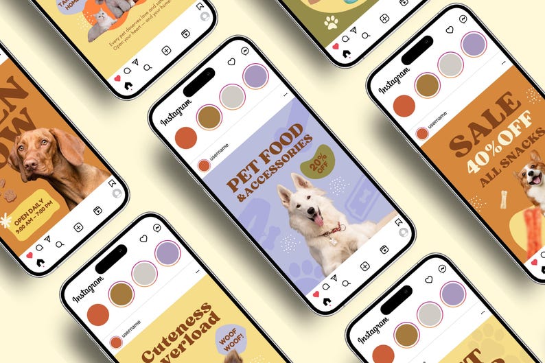 May include: Multiple smartphones showing Instagram ads for pet products. Ads include a white dog, text saying "Pet Food & Accessories", and offers like "40% Off All Snacks". Other ads feature dogs and cats, promoting pet-related services.