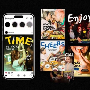 Peut inclure: Une maquette de publication Instagram avec le texte "TIME to drink with us and dance." D'autres images incluent les mots "Enjoy Every Moment" et "Cheers." L'image montre des personnes buvant et socialisant.