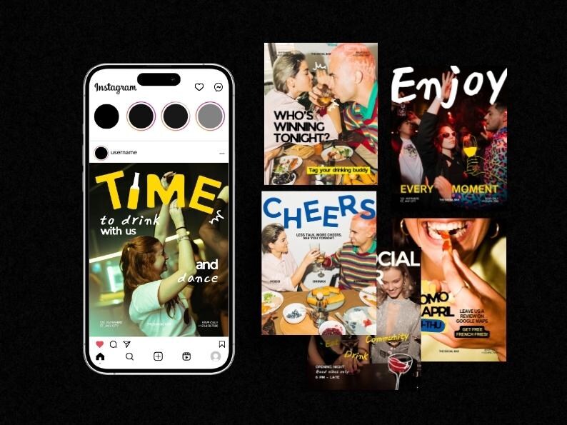 Peut inclure: Une maquette de publication Instagram avec le texte "TIME to drink with us and dance." D'autres images incluent les mots "Enjoy Every Moment" et "Cheers." L'image montre des personnes buvant et socialisant.