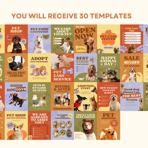 May include: A set of 30 pet-themed templates with diverse designs. The templates showcase images of dogs, cats, and other pets, accompanied by text like "Pet Shop," "Adopt," and "Happy Animal Day." The colour scheme includes orange, green, and brown.
