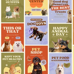 May include: A collection of vibrant adverts for pets. The ads showcase dog toys, pet food, adoption events, and pet health. Images include cats, dogs, and text such as "Happy Animal Day" and "Cuteness Overload."