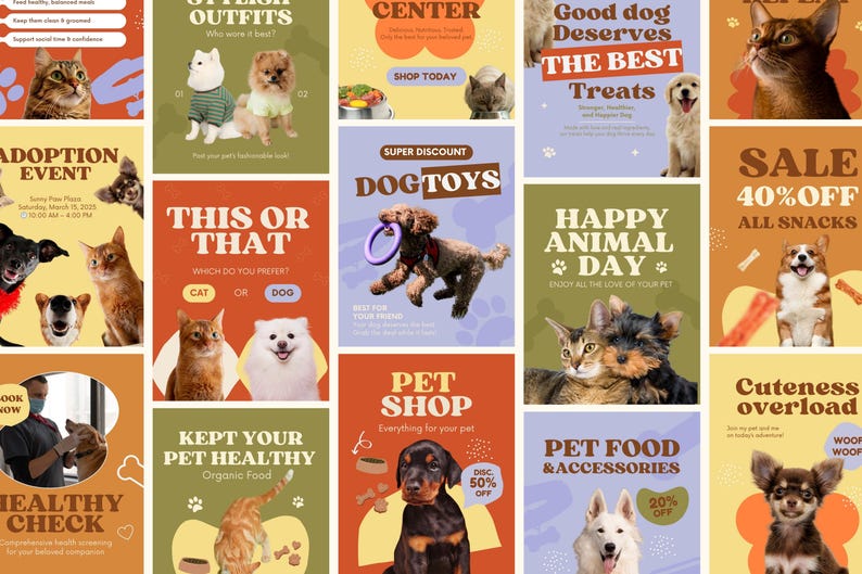 May include: A collection of vibrant adverts for pets. The ads showcase dog toys, pet food, adoption events, and pet health. Images include cats, dogs, and text such as "Happy Animal Day" and "Cuteness Overload."