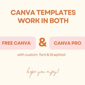 May include: A digital graphic with orange text stating "CANVA TEMPLATES WORK IN BOTH". Below are two pink rectangles with the text "FREE CANVA" and "CANVA PRO". The text "with custom font & Graphics!" is below the rectangles.