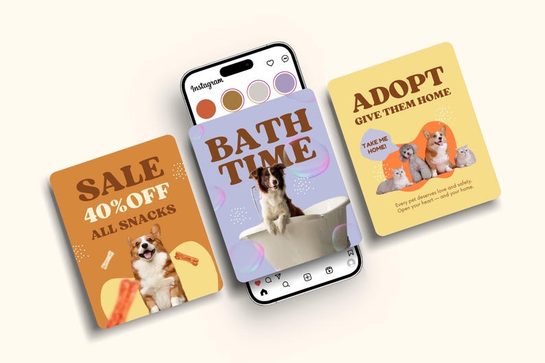 May include: A smartphone screen shows three pet-themed graphics. One advertises a snack sale, another features a dog in a bathtub with "Bath Time" text, and the third promotes pet adoption with the text "Adopt, Give Them Home."