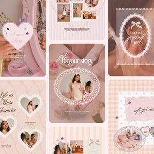 Puede incluir: Un collage rosa con imágenes y elementos decorativos. Las imágenes incluyen un diseño en forma de corazón con el texto "I am so Lucky", una mujer con un vestido y el texto "Life as Main Character".