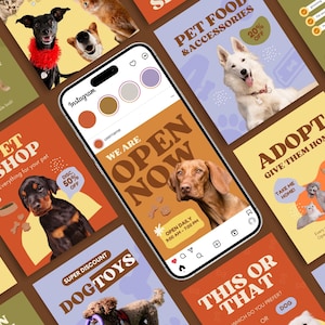 May include: A series of Instagram posts with a pet theme. The posts feature dogs and cats, with text such as "Pet Shop", "Dog Toys", and "Adopt". A smartphone displays an "Open Now" advertisement for a pet-related business.