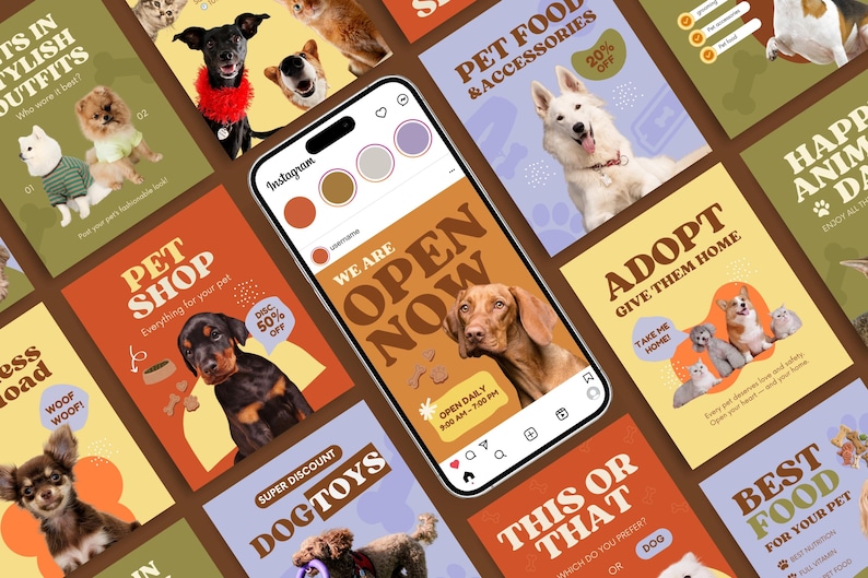 May include: A series of Instagram posts with a pet theme. The posts feature dogs and cats, with text such as "Pet Shop", "Dog Toys", and "Adopt". A smartphone displays an "Open Now" advertisement for a pet-related business.