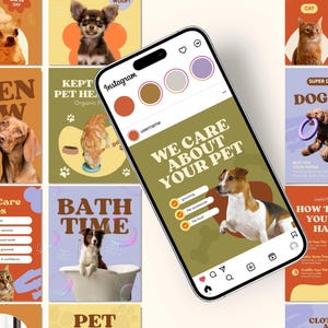 May include: A smartphone screen shows an Instagram post with the text "WE CARE ABOUT YOUR PET" and icons for pet services. The phone is surrounded by pet-related promotional graphics, including dog toys and pet care tips.