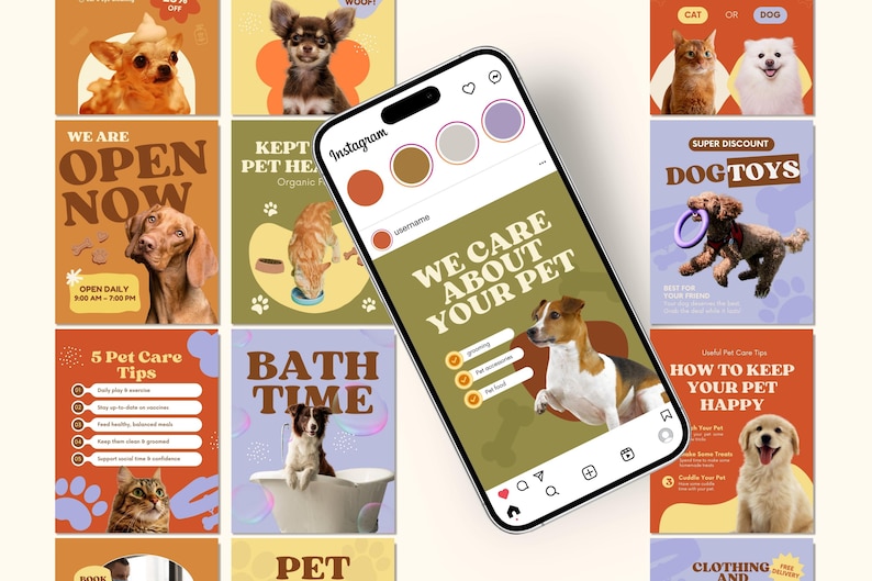 May include: A smartphone screen shows an Instagram post with the text "WE CARE ABOUT YOUR PET" and icons for pet services. The phone is surrounded by pet-related promotional graphics, including dog toys and pet care tips.