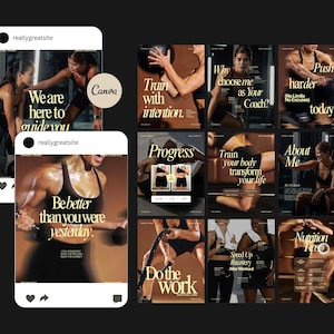 May include: A collection of social media templates for personal trainers featuring fitness imagery and motivational text such as We are here to guide you, Train with intention, Push harder today, Progress, and Be better than you were yesterday.