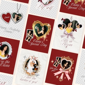May include: A collage of ten digital illustrations featuring a woman in various poses. Each illustration is framed with a heart-shaped frame and includes text such as "My self", "Olivia's Special Day", "Ella in Bloom", "You're the vibe. Olivia", "I am the luckiest girl", "You glow girl", "the power of self-love", and "Happy Birthday Emma!"