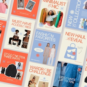 Puede incluir: Una colección de gráficos promocionales de moda con textos como "REBAJAS", "NUEVA COLECCIÓN" y "FAVORITOS DE MODA". Los gráficos presentan modelos, ropa y accesorios en varios estilos, con una paleta de colores naranja, azul y blanco.