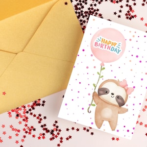 Cartão de aniversário fofo de preguiça, cartão infantil, cartão de aniversário adorável, cartão de preguiça bebê, cartão de aniversário de balão, cartão de aniversário em aquarela