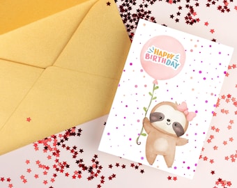 Tarjeta de cumpleaños con un perezoso, tarjeta para niños, adorable tarjeta de cumpleaños, tarjeta de perezoso bebé, tarjeta de cumpleaños con globo, tarjeta de cumpleaños con acuarela