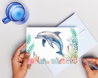 Tarjeta de delfín en acuarela: Arte de arrecife de coral (Descarga digital)