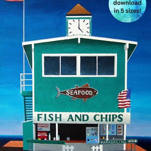 Catalina Fish and Chips Malerei, Catalina Island Pier, Green Pier, Catalina Malerei, Insel Malerei, Catalina Island Kunst, Catalina Karte