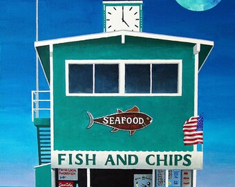 Pintura del muelle de la Isla Catalina: Impresión artística de pescado con papas fritas (descarga digital)