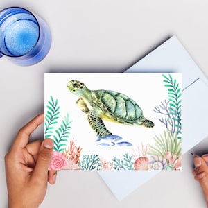 Hermosa tarjeta de tortuga marina, tarjeta de arrecife de coral, tarjeta de felicitación del océano, tarjeta de concha marina, tarjeta de animal marino, tarjeta de acuarela