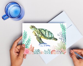 Tarjeta de acuarela de tortuga marina: saludo de arrecife de coral (descarga digital)