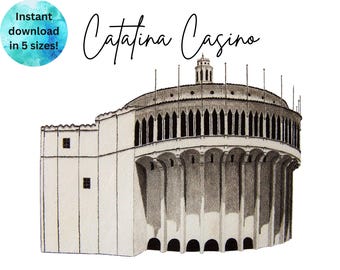 Dibujo del Casino Catalina: Impresión en blanco y negro, tarjeta Avalon (Descarga digital)
