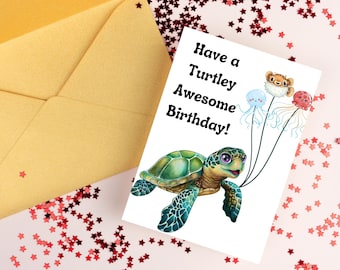 Tarjeta de cumpleaños con diseño de tortuga marina, tarjeta de cumpleaños para niños, tarjeta de animales lindos, tarjeta de animales marinos, tarjeta de globos de cumpleaños
