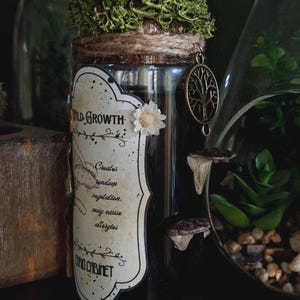 Könnte beinhalten: Ein Glasgefäß mit einer dunklen Flüssigkeit und einem Etikett mit der Aufschrift "Wild Growth Creates random vegetation, may cause allergies, Lumo Cabinet". Das Gefäß ist mit Moos, einer kleinen weißen Blume und einem Anhänger mit einem Baumdesign verziert.