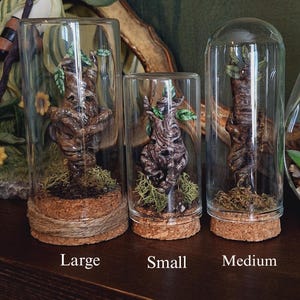 Pode incluir: Três frascos de vidro com tampas de cortiça e detalhes de corda, cada um contendo uma pequena escultura de árvore feita à mão com musgo e folhas. Os frascos são etiquetados como "Grande", "Pequeno" e "Médio" da esquerda para a direita.