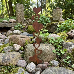 Może przedstawiać: Rustykalny, metalowy palik ogrodowy z serią połączonych ze sobą kształtów serca. Palik ma zwietrzałe, brązowe wykończenie i jest umieszczony wśród skał i zieleni, dodając uroku przestrzeniom zewnętrznym. Wysokość około 60 cm.