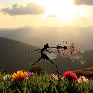 May include: A black silhouette of a fairy figure with a spear, about to blow a dandelion, set against a mountain range and a sunset. The foreground features colourful wildflowers and green grass.