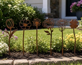 Juego de 6 estacas metálicas para jardín con forma de flores, decoración floral para exteriores, estacas para plantas, adornos florales decorativos, arte colorido para el jardín.