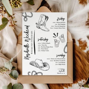 Plantilla de itinerario para despedida de soltera en Nashville, Fin de semana de despedida de soltera en el último rodeo, Invitación de vaquera con discoteca western, Fiesta en Nash, Boda vaquera, IB307B