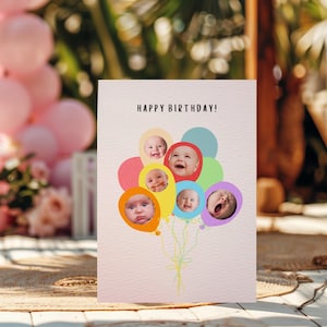 Cartão de aniversário com balão de foto personalizado, modelo engraçado editável do Canva, personalize com fotos, cartão para impressão para crianças, família ou amigos