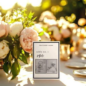 結婚式のテーブルナンバーテンプレート、結婚披露宴のテーブルナンバー、私たちがテーブルナンバーだった頃、結婚式の看板、編集可能なCanvaテンプレート、W107B